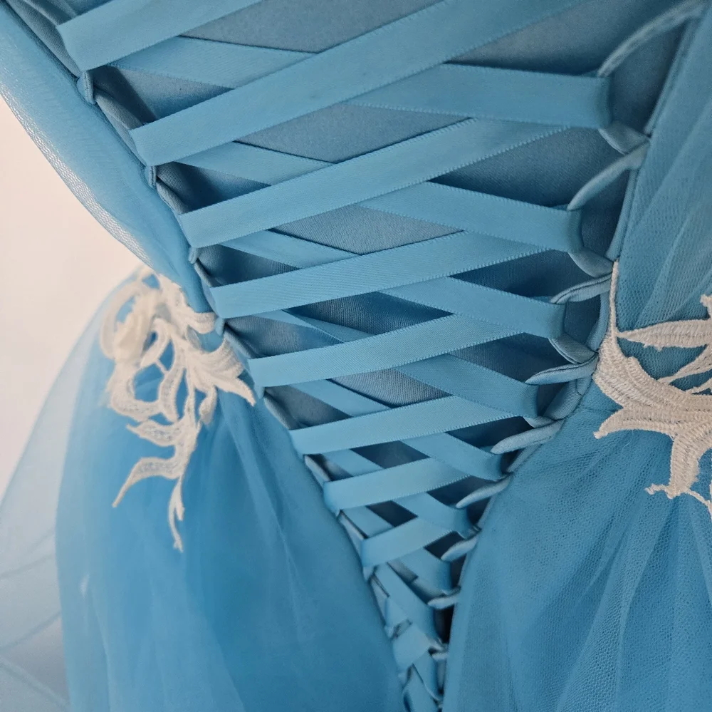 Mila Hoffman Custom Couture Ball Gown, Blue Topaz, White Floral Emroidered Waist - Picture 15 of 17